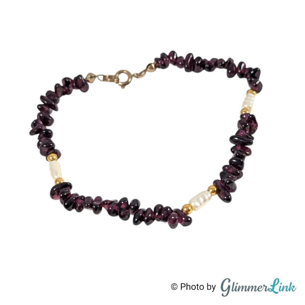 Vintage Garnet & Pearl Chip Bead Bracelet – Size 7.5"